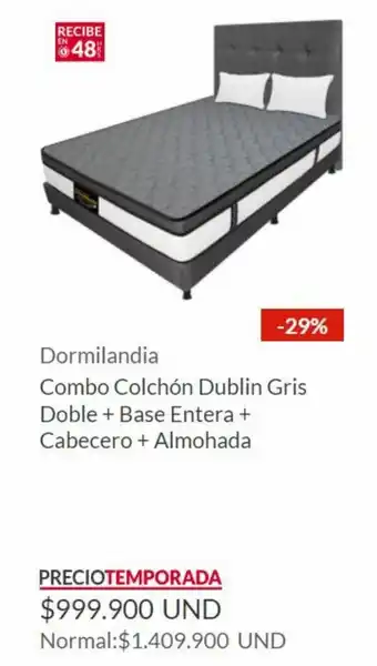 Homecenter Dormilandia Combo Colchón Dublin Gris Doble + Base Entera + Cabecero + Almohada oferta