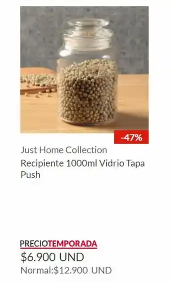 Homecenter Just Home Collection Recipiente Vidrio Tapa Push 1000ml oferta