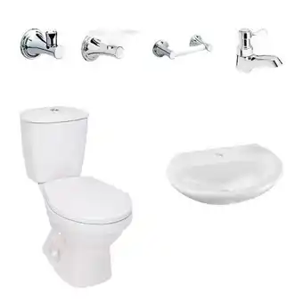 Combo laguna balta blanco: sanitario, lavamanos sin pedestal, grifería y accesorios