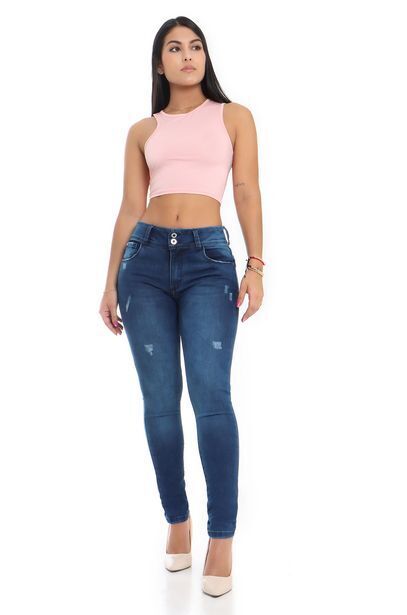 Joystaz Jeans Jean slim fit, levanta cola, con detalles pequeños de destroyer, cuatro bolsillos dos botones, color azul medio oferta