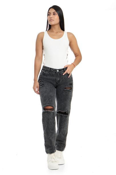 Joystaz Jeans Jean levanta cola, bota recta, con detalles de destroyer, color humo oferta