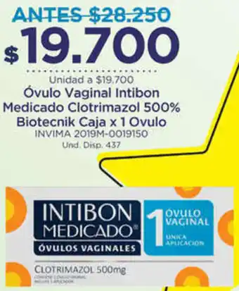 Óvulo Vaginal Intibon Medicado Clotrimazol 500% Biotecnik Caja 1 Ovulo