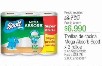 Jumbo Toallas de cocina mega absorb scott x 3 rollos x 45 hojas c/rollo oferta