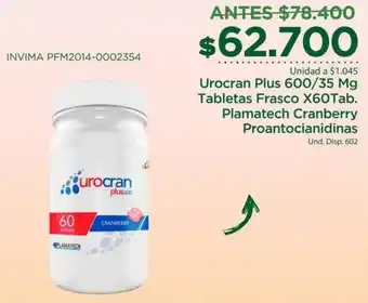 FarmaTodo Urocran Plus 600/35mg, Tabletas Frasco 60 tab., Plamatech Cranberry Proantocianidinas oferta