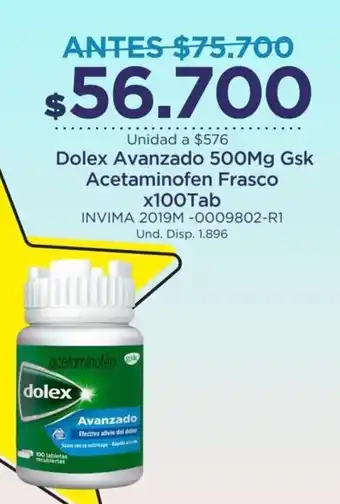 FarmaTodo Dolex Avanzado 500mg GSK Acetaminofen Frasco 100 tab oferta