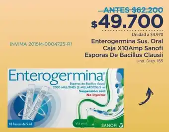 FarmaTodo Enterogermina Sus. Oral Caja 10amp sanofi Esporas de Bacillus Clausii oferta