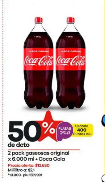 Éxito 2 pack gaseosas original x 6000 ml Coca cola oferta