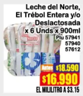 La Gran Colombia Leche del Norte El Trébol Entera y/o Deslactosada 6 x 900ml oferta