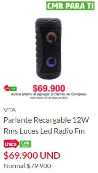 VTA Parlante Recargable Luces LED Radio FM 12w