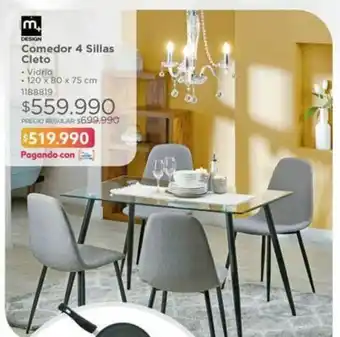 M+ Design Comedor 4 Sillas Cleto 120 x 80 x 75cm