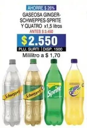 Surtifamiliar Gaseosa Ginger, Schweppes, Sprite y Quatro 1,5Llt oferta