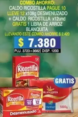 Surtifamiliar Caldo Ricostilla Desmenuzado 12 x 108g + 1 Libra de Arroz Blanquita oferta