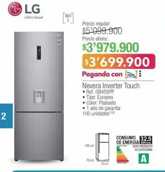 Jumbo Lg nevera inverter touch ref. gb45spp 461l oferta