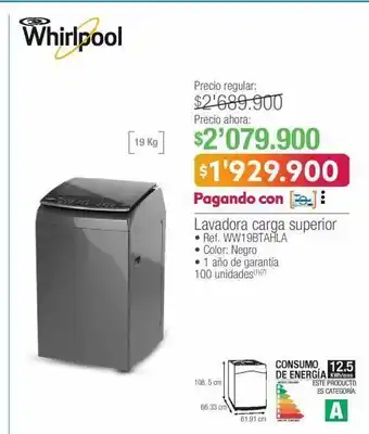 Jumbo Whirlpool lavadora carga superior ref. ww19btahla oferta
