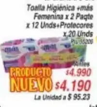 La Gran Colombia Toalla Higienica +mas Femenina x 2 Paqte x 12 Unds + Protecores x 20 Unds oferta