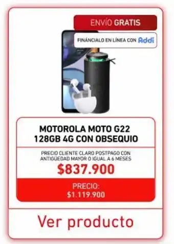 Claro Motorola moto g22 129gb 4g con obsequio oferta