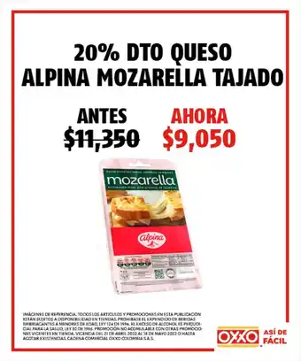 Oxxo 20% DTO Queso Alpina Mozarella Tajado oferta