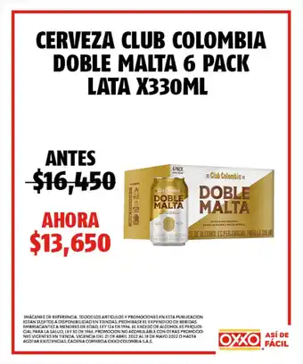 Oxxo Cerveza Club Colombia Doble Malta 6 Pack Lata x 330 ml oferta