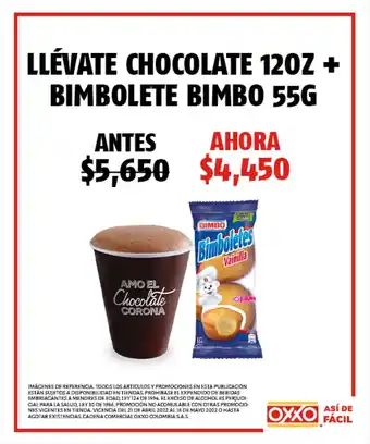 Oxxo Llevate Chocolate 120Z + Bimbolete Bimbo 55g oferta