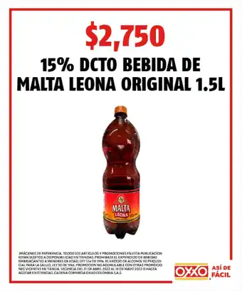 Oxxo 15% DCTO Bebida de Malta Leona Original 1.5L oferta