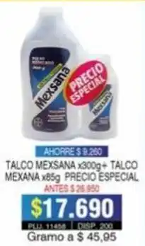 Surtifamiliar Talco Mexsana x 300g + Talco Mexana x 85g Precio Especial oferta