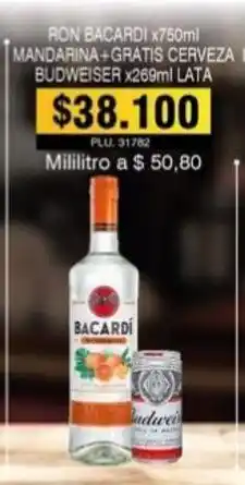 Surtifamiliar Ron Bacardi x750ml Mandarina +Gratis Cerveza Budweiser x269ml Lata oferta