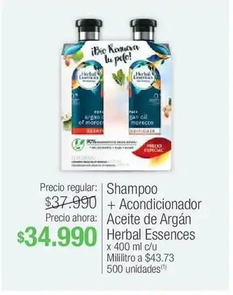 Jumbo Shampoo + acondicionador aceite de argán herbal essences x 400 mi c/u oferta