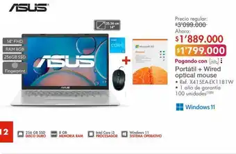 Metro Asus portátil + wired optical mouse • ref. x415ea-ek1181w 8gb ram 256gb ssd oferta