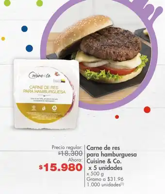 Carne de res para hamburguesa cuisine & co. x 5 unidades x 500 g