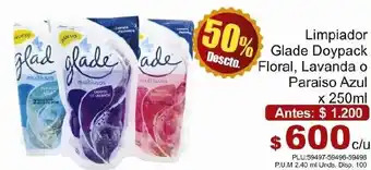 Limpiador Glade Doypack Floral, Lavanda o Paraiso Azul 250ml