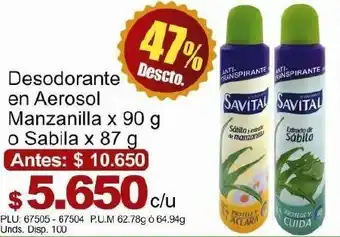 Belalcazar Savital Desodorante en Aerosol Manzanilla 90g o Sabila 87g oferta