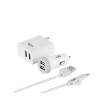 Kalley Kit de carga 3 en 1 kalley cargador carro + cargador pared + cable usb a microusb con adaptador a lightning de 1.0 metro blan oferta