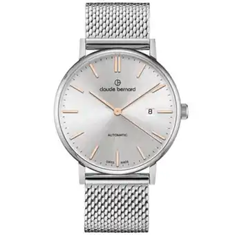 Kevin's Joyeros Reloj claude bernard analogo, para hombre, tablero redondo colores plateado y rosa, estilo index, pulso acero color plateado, oferta