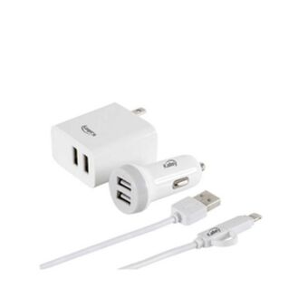 Alkosto Kit de carga 3 en 1 kalley cargador carro + cargador pared + cable usb a microusb con adaptador a lightning de 1.0 metro blan oferta