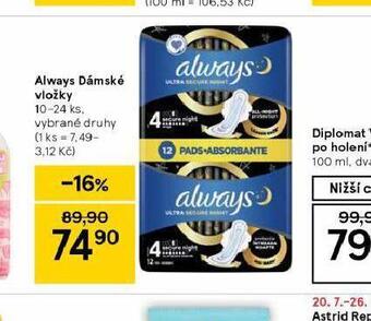 Tesco Always dámské vložky nabídka
