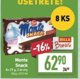 Billa Monte snack nabídka