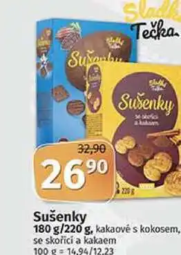 Coop Sladk tečka sušenky 180 g/220 g, kakaové s kokosem, se skořicí a kakaem nabídka