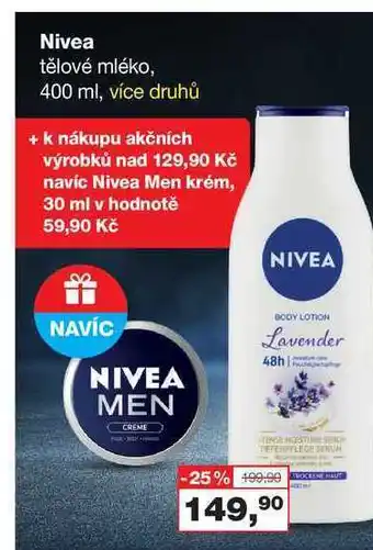 Ráj drogerie Nivea tělové mléko, 400 ml, více druhů + k nákupu akčních výrobků nad 129,90 kč navíc nivea men krém, 30 ml v hodnotě 59,90 k nabídka