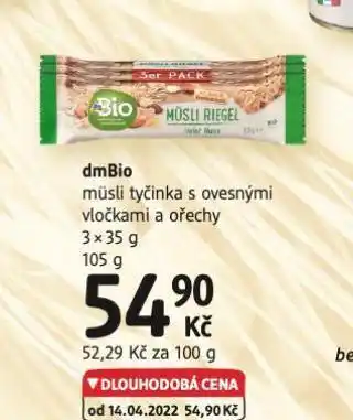 dm drogerie Dmbio müsli tyčinka s ovesnými vločkami a ořechy nabídka