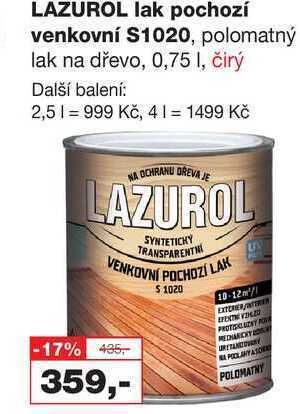 Barvy a laky drogerie Lazurol lak pochozí venkovní s1020, polomatný lak na dřevo, 0,75 l, čirý nabídka