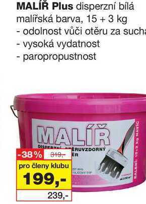 Barvy a laky drogerie Malíř plus disperzní bílá malířská barva, 15 + 3 kg nabídka