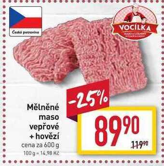 Billa Mělněné maso vepřové + hovězí cena za 600 g nabídka