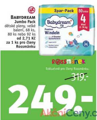 Rossmann Babydream jumbo pack dětské pleny, 68 ks, 80 ks nebo 92 ks nabídka