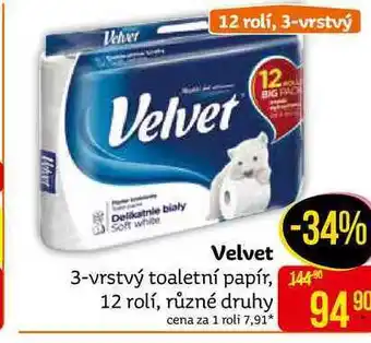 Teta Velvet 12 rolí, 3-vrstvý toaletní papír nabídka