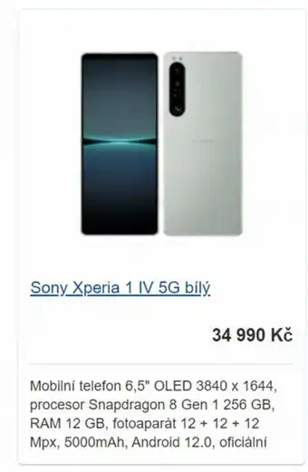 Euronics Sony Xperia 1 IV 5g bílý nabídka