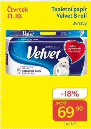 Kubík potraviny Velvet toaletní papír 3vrstvý 8 rolí nabídka