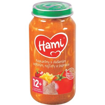 Hami příkrm makaróny s dušeným vepřovým, rajčaty a paprikou