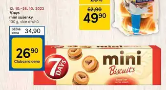 Tesco 10.-25. 10. 2022 7days mini sušenky 100 g. více druhů běžná 34,90 cena 26⁹⁰ clubcard cena days 62,90 49.⁹⁰ 90 n mini biscuits nabídka