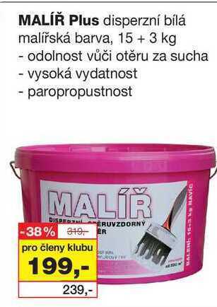 Barvy a laky drogerie Malíř plus disperzní bílá malířská barva, 15 + 3 kg nabídka