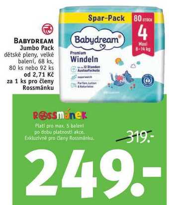Rossmann Babydream jumbo pack dětské pleny, 68 ks, 80 ks nebo 92 ks nabídka